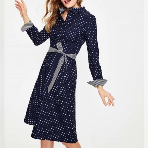 Boden Posy Shirt Dress - Polka Dot Navy and White Long Sleeve with Tie Belt - 14 - Picture 1 of 8